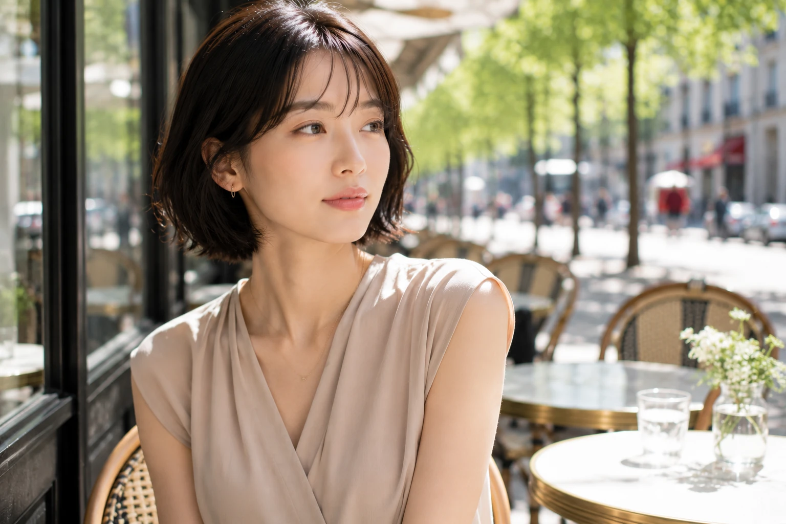 カフェで窓の外に視線を向ける女性の斜めから見た口元・表情のイメージ（イメージ写真・施術結果ではありません）