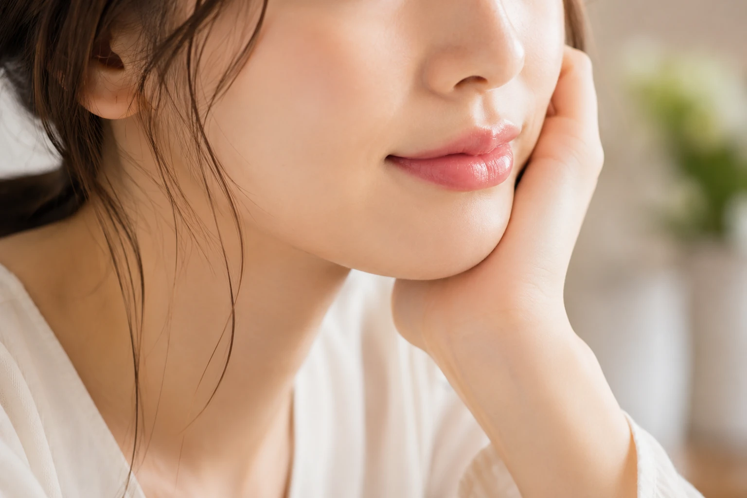 頬に手を添えた女性の斜めから見た口元のイメージ（イメージ写真・施術結果ではありません）