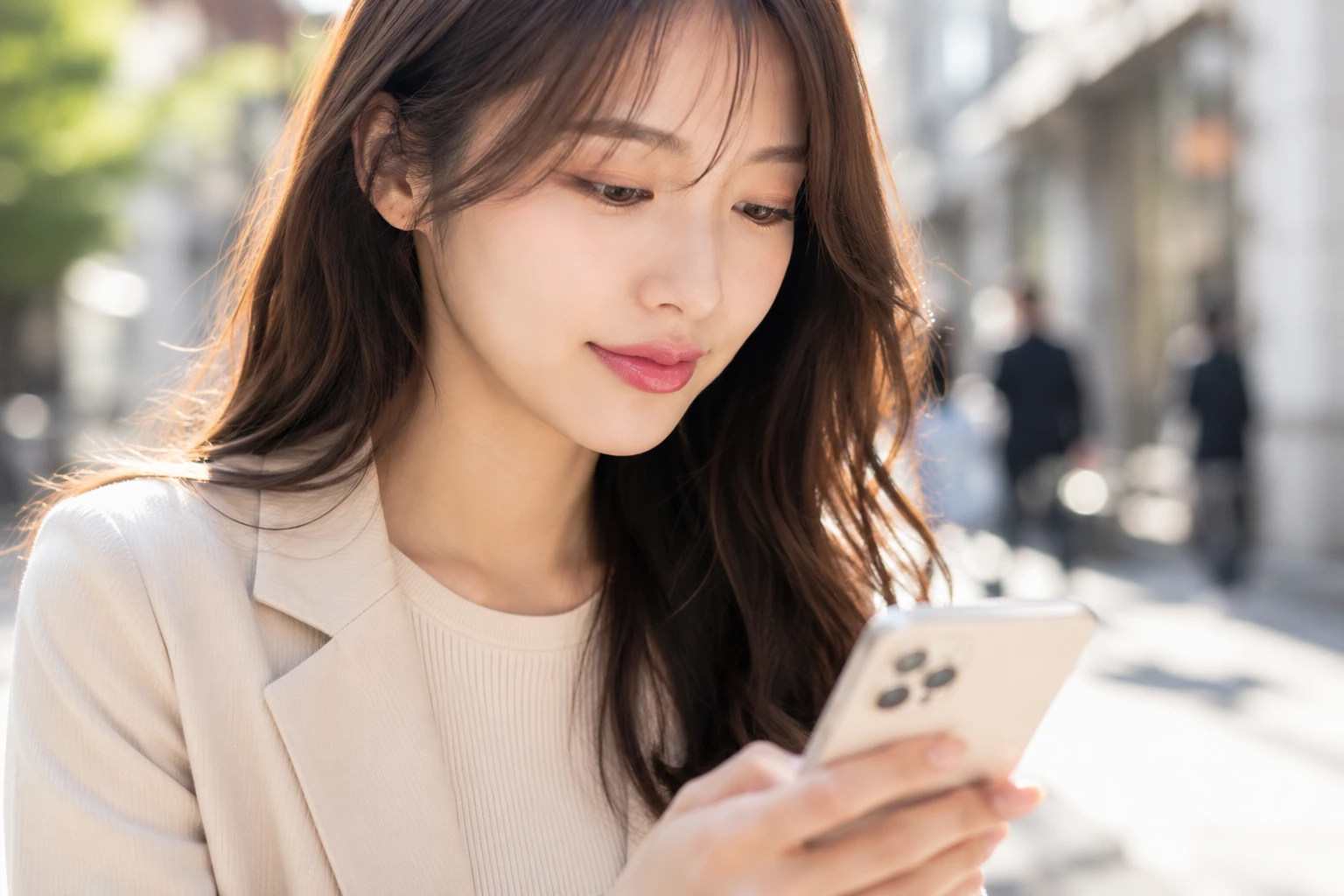 街でスマートフォンを見る女性の顔全体・口元のイメージ（イメージ写真・施術結果ではありません）