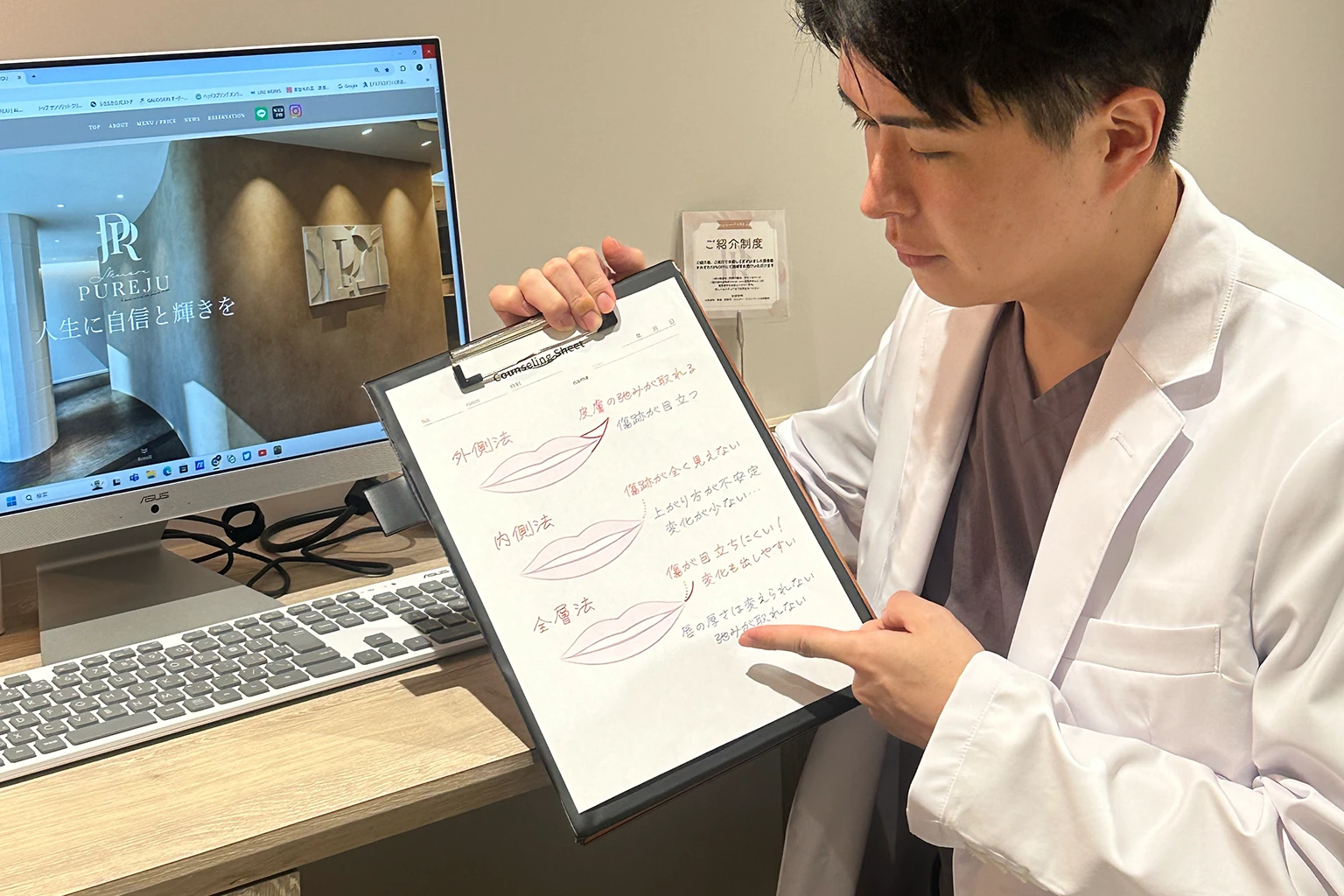 医師が外側法・内側法・全層法の違いを説明する診察風景(施術結果を示すものではありません)